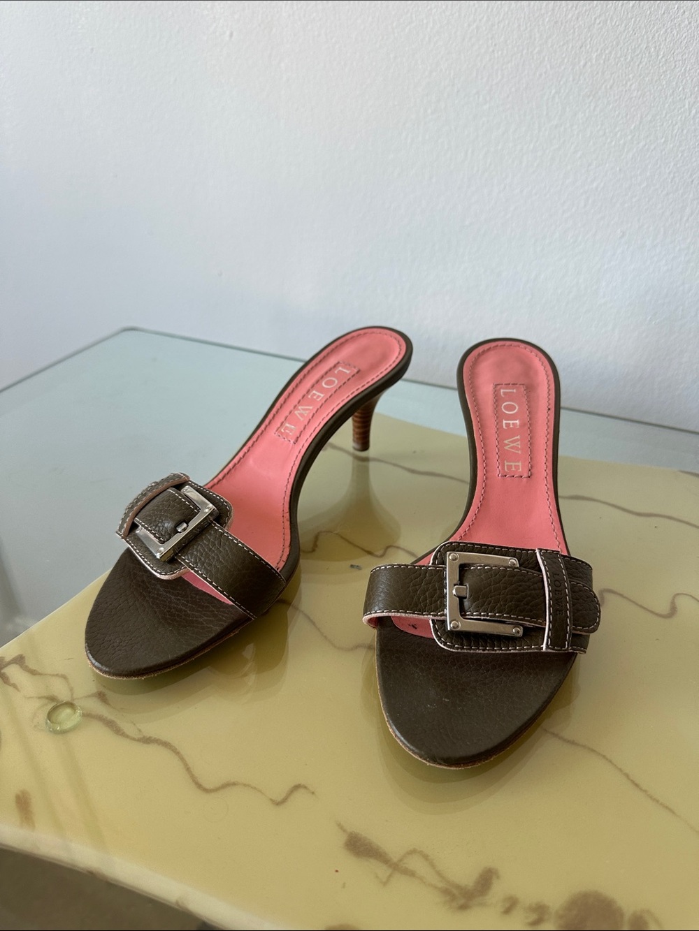 Loewe Brown Leather Buckle Mules with Pink Insole